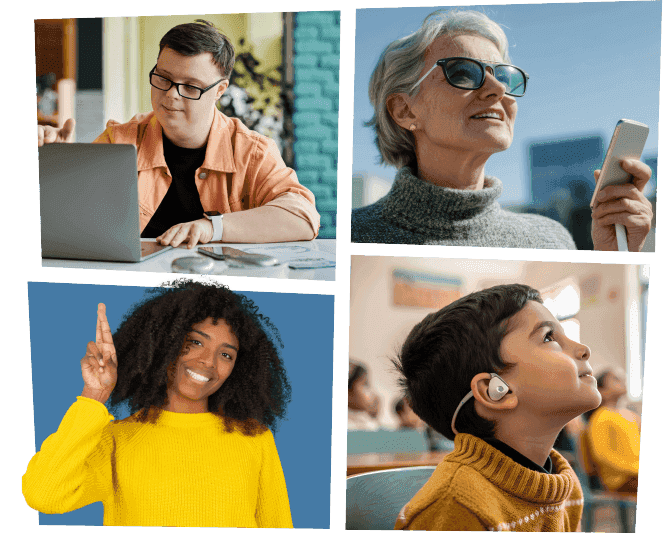 A collage of four photos showing people with diverse abilities using technology and engaging with the world.