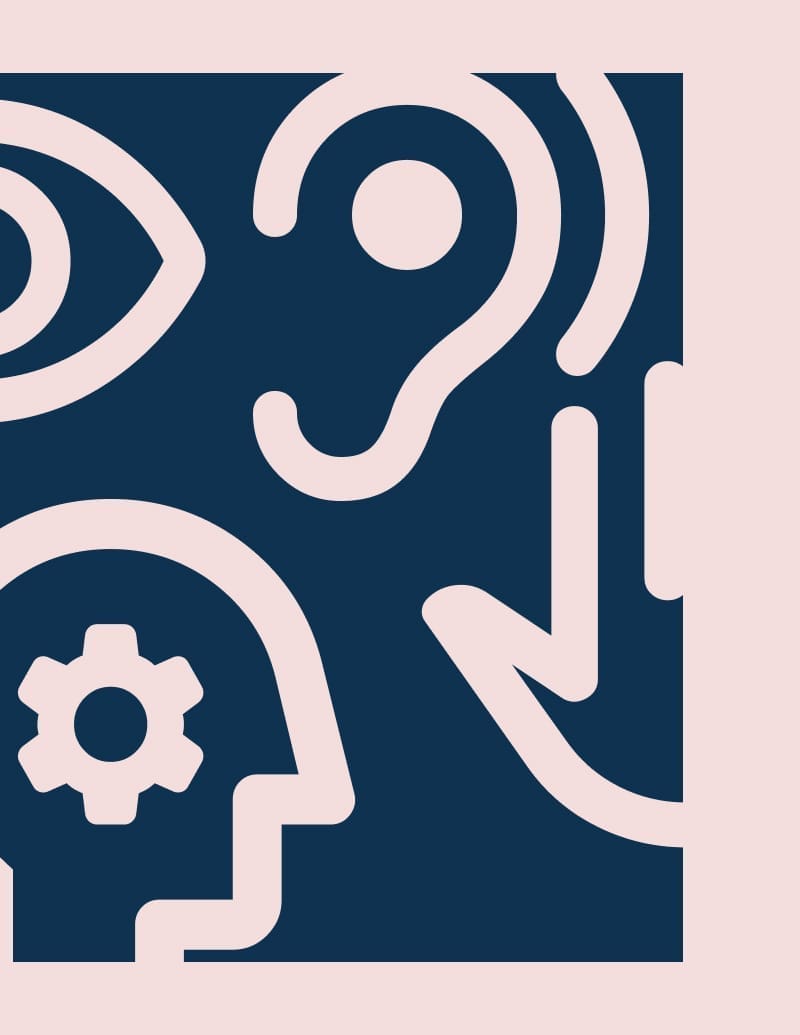 poster with a pink background and pink icons on top of a dark blue background. Icons represent different disabilities, including an eye, an ear, a head, and a hand.