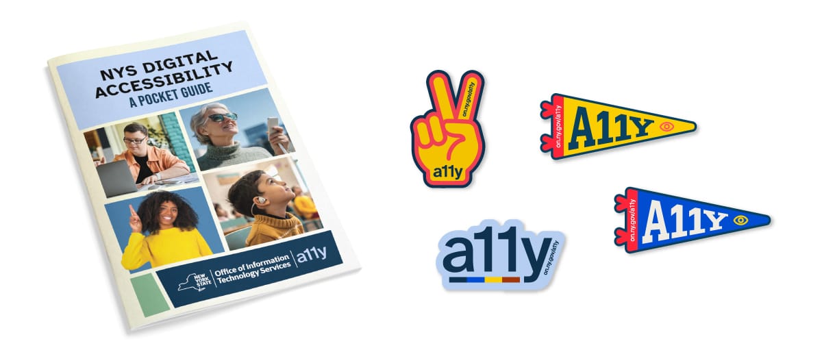 The A11y brochure and stickers are shown, with 1 sticker featuring a hand showing a peace sign, and three more with the word 'a11y' featured.