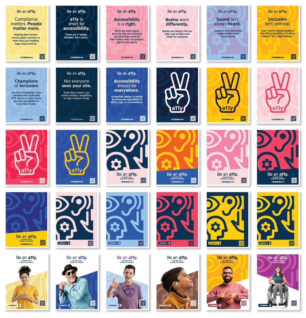 A series of poster designs are laid out in a grid.  The designs were created to promote accessibility in New York State.