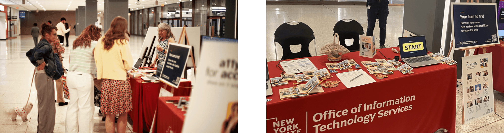 People gather at an exhibit table. Michele Bruno, digital accessibility team lead, stands at a table which includes brochures and stickers, a sign-up sheet, and a disability simulator on a laptop. 