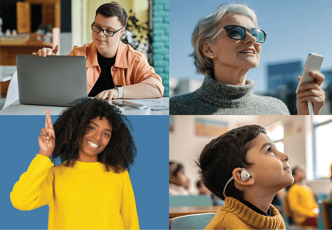 A collage of four photos showing people with diverse abilities using technology and engaging with the world.
